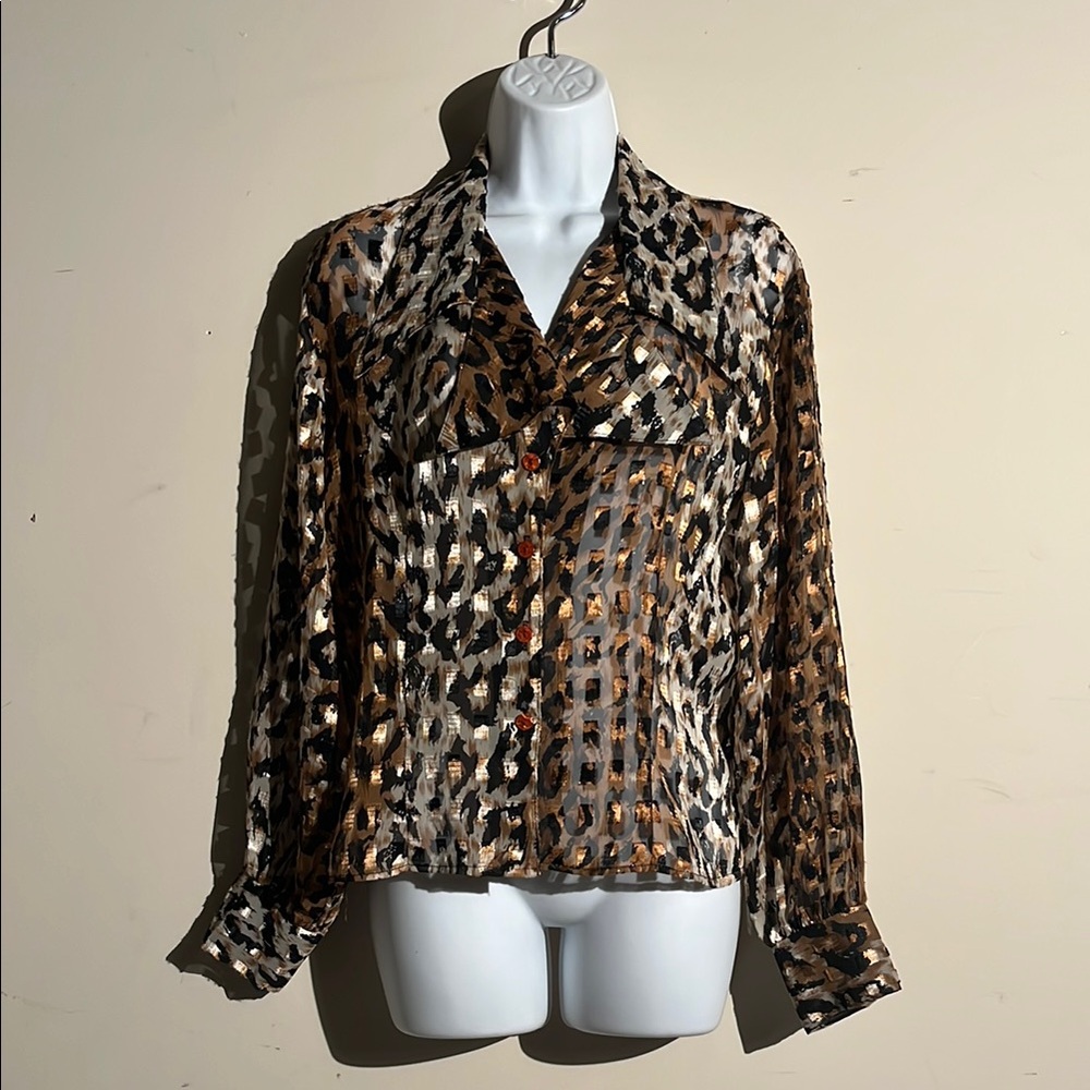 Vintage Gold Sheen Leopard Print Sheer Blouse